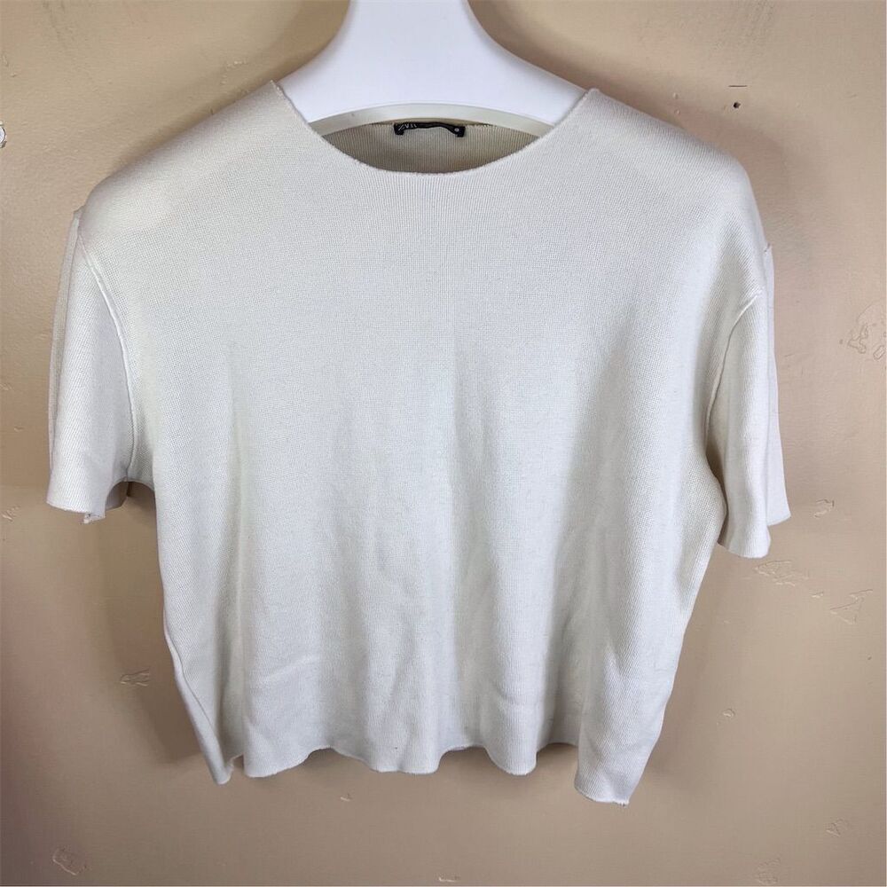 Zara Women's White Knit Wool Blend Crew Neck Shirt Size Large Short Sleeve